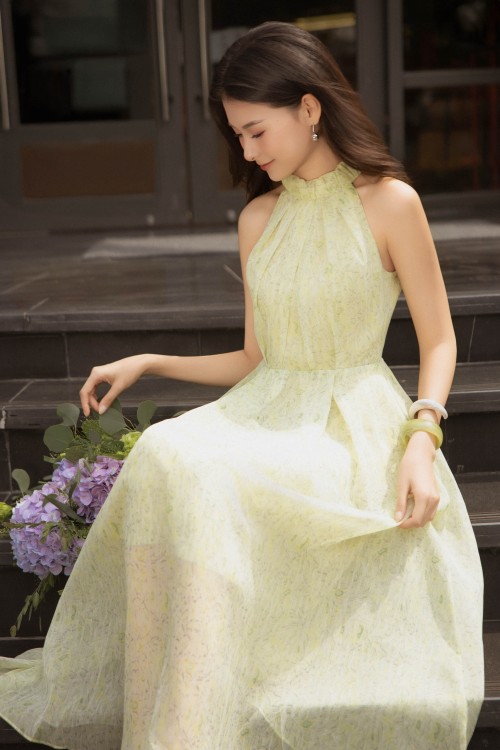 Sixdo Light Green Nuggets Voile Flared Dress